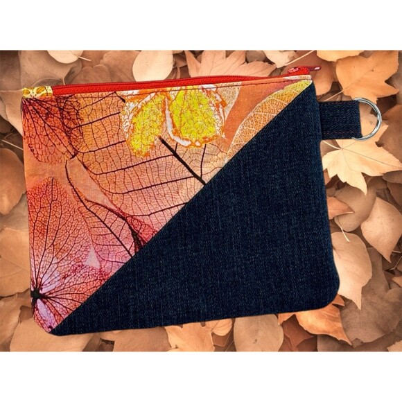 Handmade Upcycled Denim Fall Leaves Zipper Pouch Wallet Cotton Lined - Picture 2 of 7